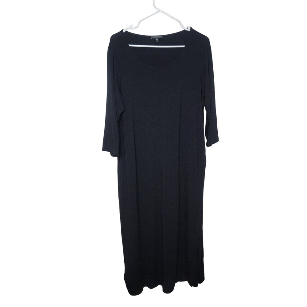 Eileen Fisher Black Shift Maxi Sleeve Neck Long Dress Size Large